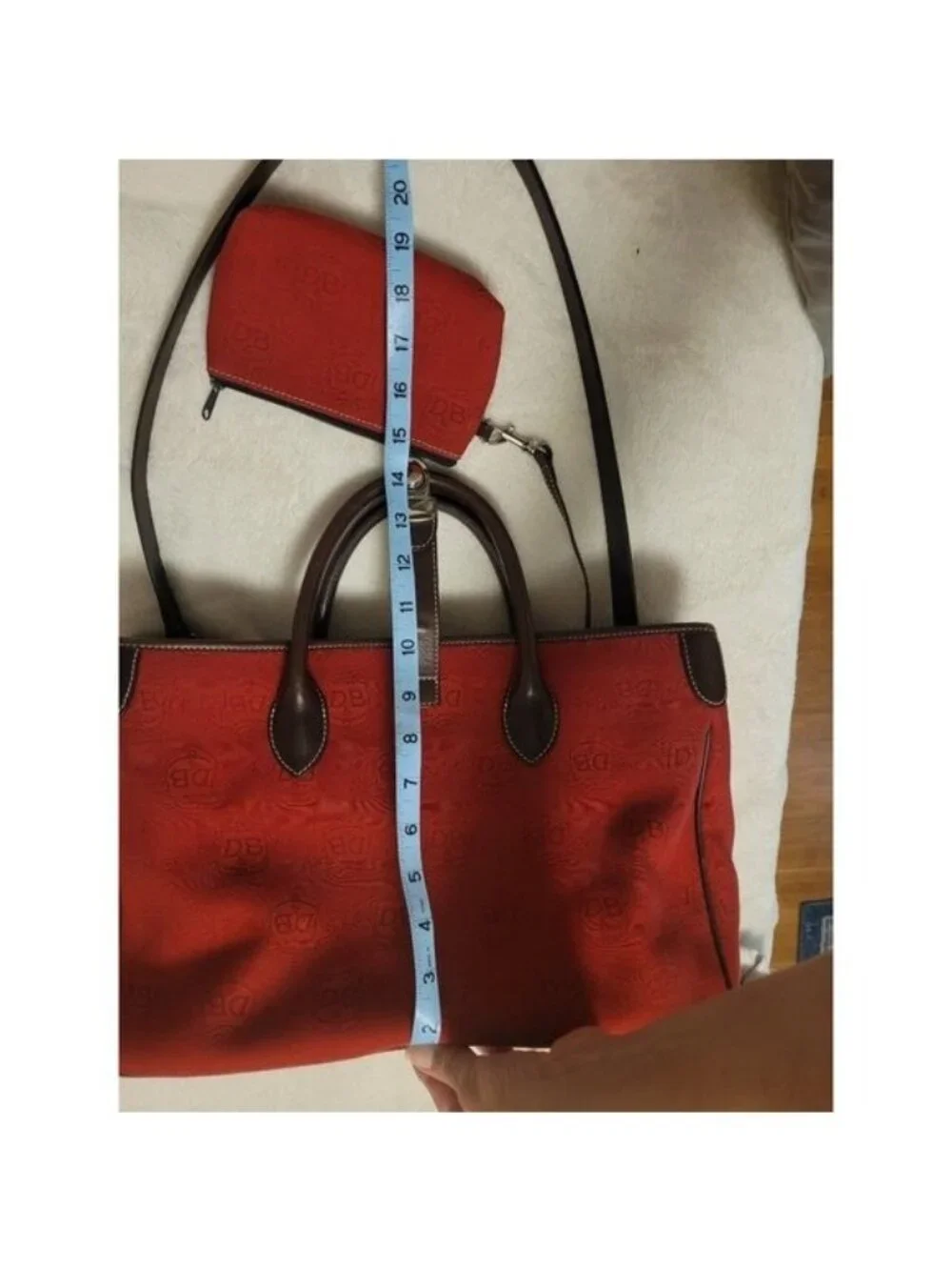 Dooney & Bourke Red Canvas Leather Satchel Tote Bag Matching Pouch Classic Prep